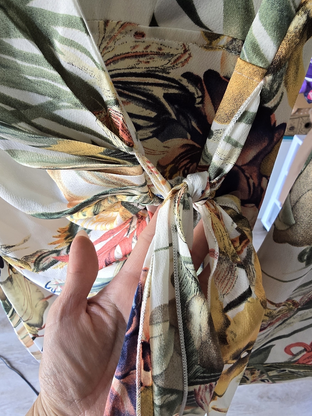 Luxxel Floral Wrap Dress in Cream with Green & Yellow Botanical Print - Picture 8 of 10